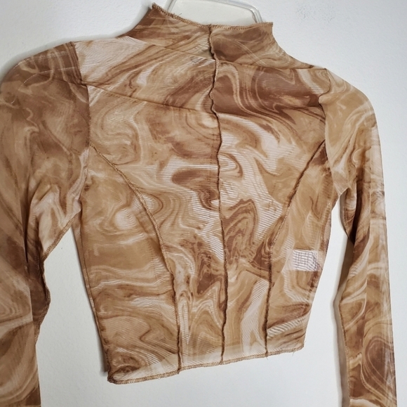 Naked Wardrobe Brown Marble Print Mock Neck Sheer Cropped Long Sleeve Top - Picture 5 of 8